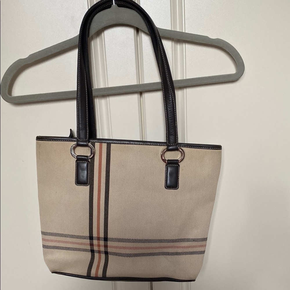 Cream and Black Canvas Tote with Leather Handles ..
